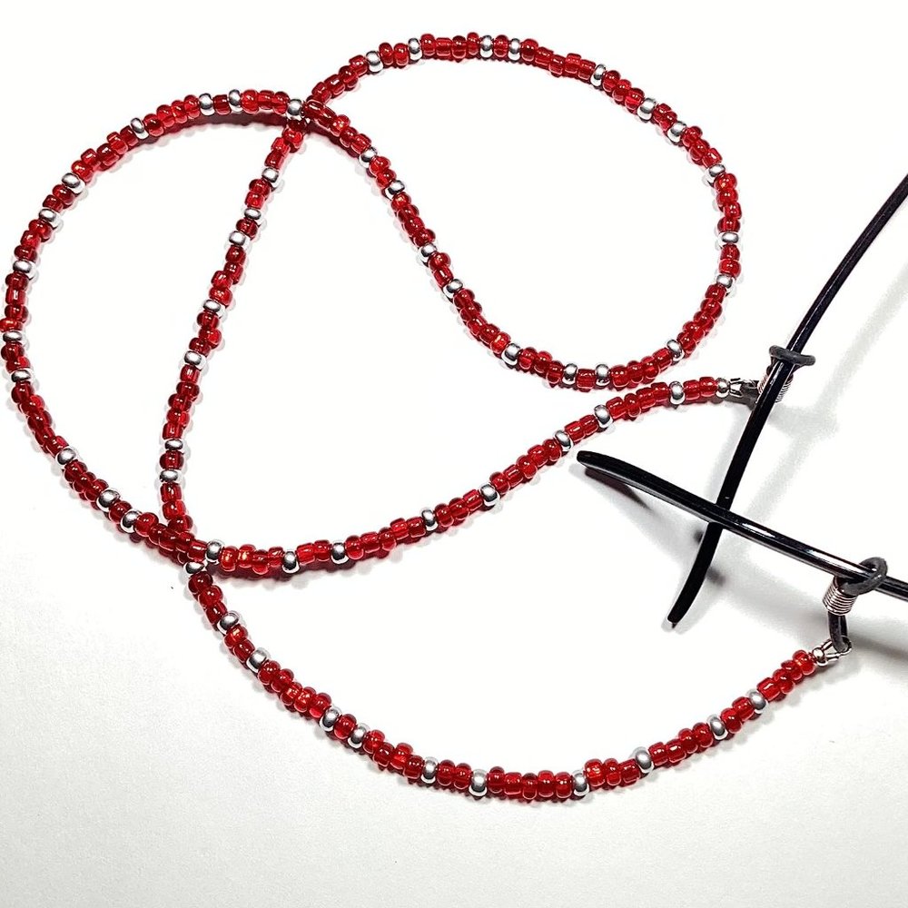 Red and Silver, Multi, Handmade Beaded Eyeglass Sunglass Chain Holder Leash, 28